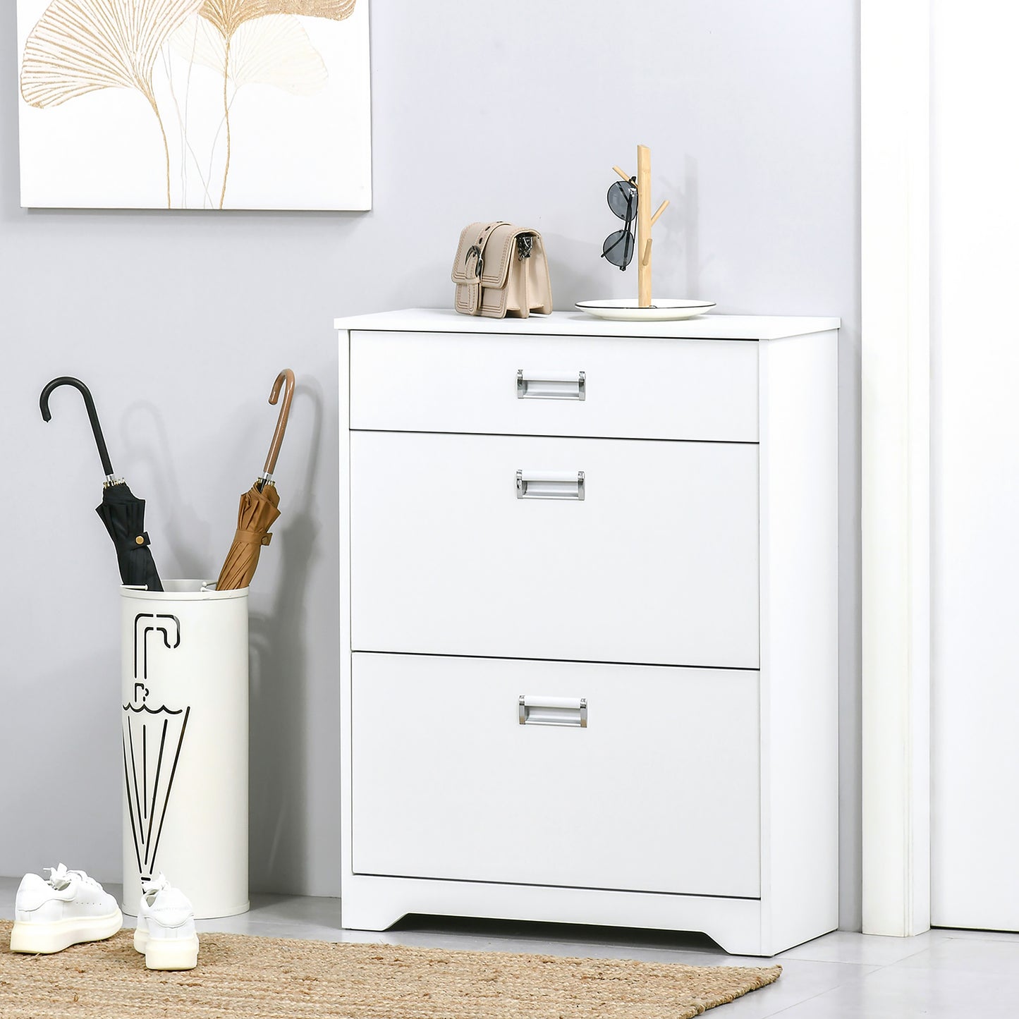 Compact Shoe Sanctuary: Storage Cabinet with Drawer, 2 Flip Doors, Adjustable Shelves for 16 Pairs, White Kids Crystal