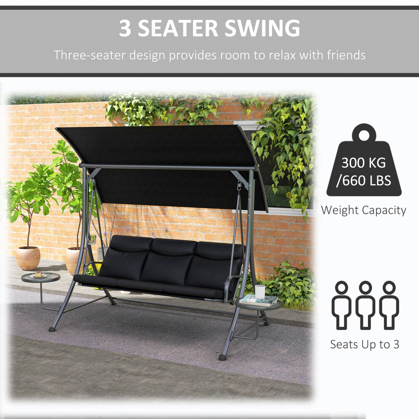 3 Seat Outdoor Swing Bench with Adjustable Canopy Coffee Table Cushions for Patio Garden Black Kids Crystal