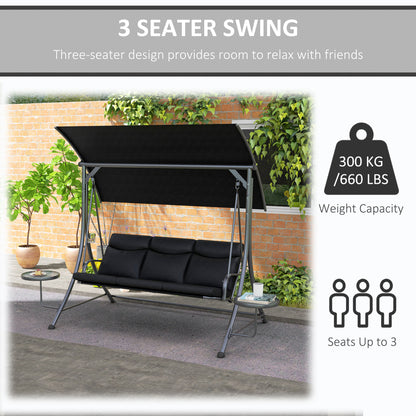 3 Seat Outdoor Swing Bench with Adjustable Canopy Coffee Table Cushions for Patio Garden Black