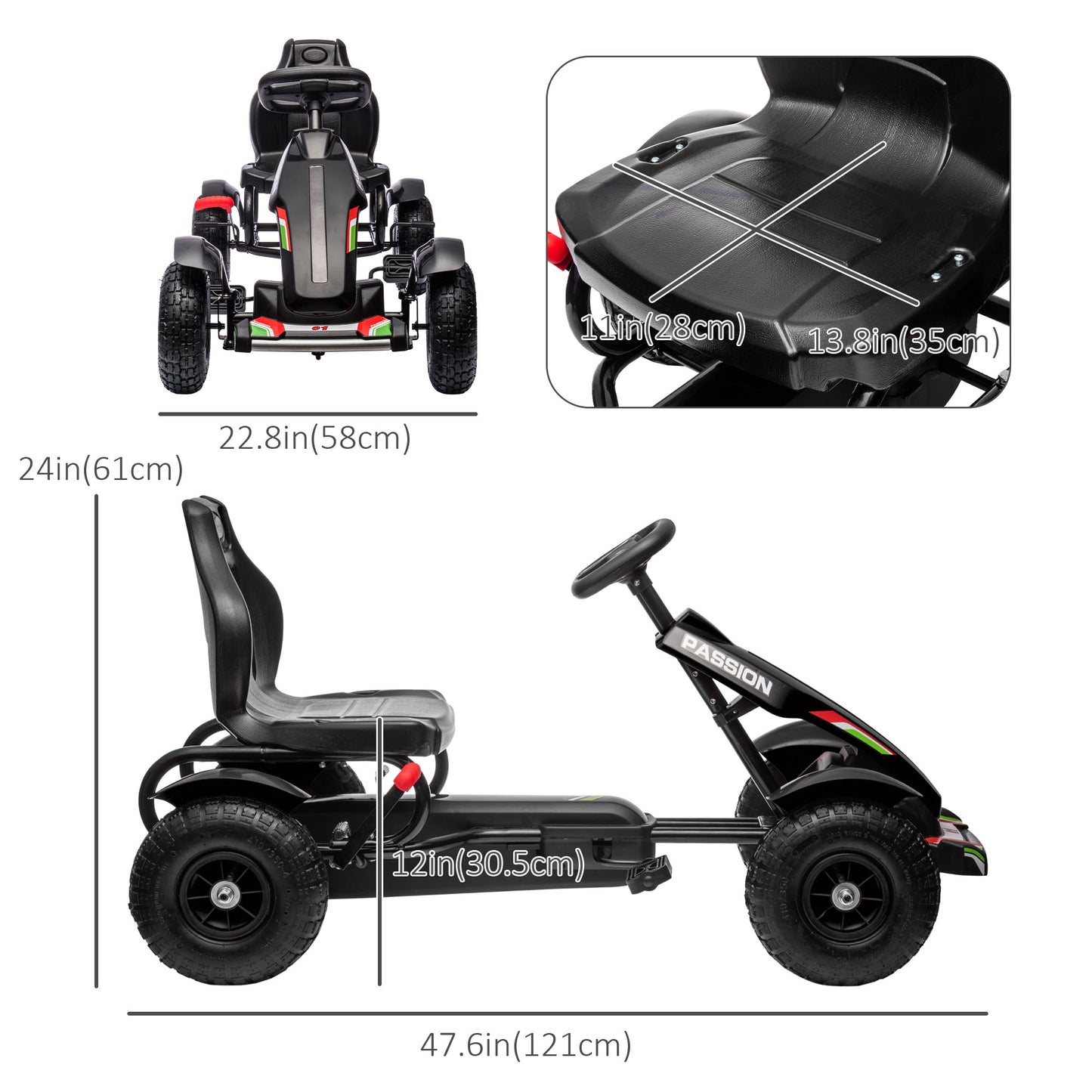 Kids Pedal Go Kart Ride-On Car Adjustable Seat Handbrake Rubber Wheels Outdoor Play Black Kids Crystal