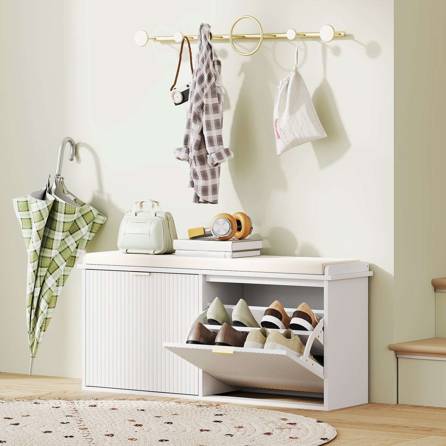 Entryway Bench with Padded Seat and Flip-Drawers, Holds up to 529lbs, Shoe Storage Bench for 10 Pairs of Shoes, White Kids Crystal
