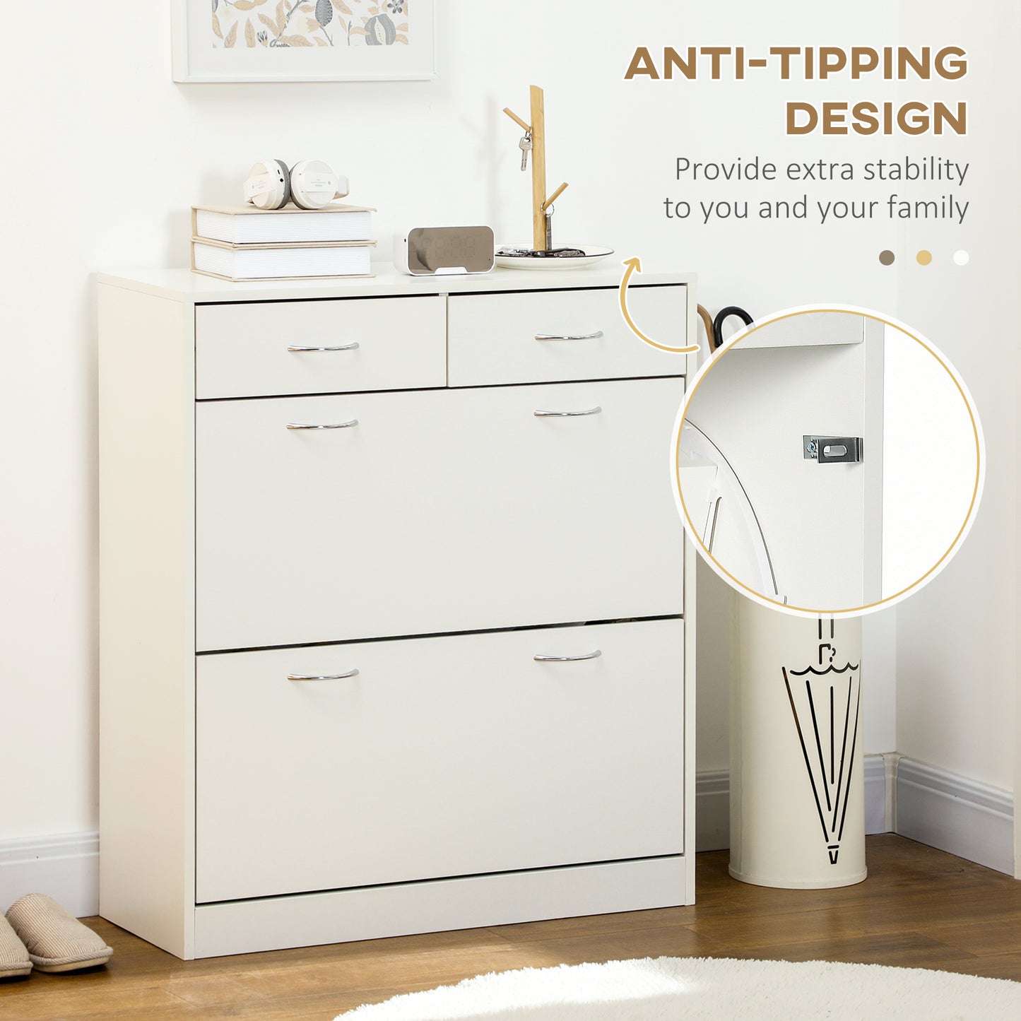 Narrow Shoe Storage Cabinet 2 Flip Drawers Adjustable Shelves Organizer for 12 Pairs White Kids Crystal