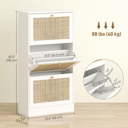 Rattan Shoe Storage Cabinet with 3 Flip Drawers and Adjustable Shelves, Entryway Shoe Cabinet for 18 Pairs, White
