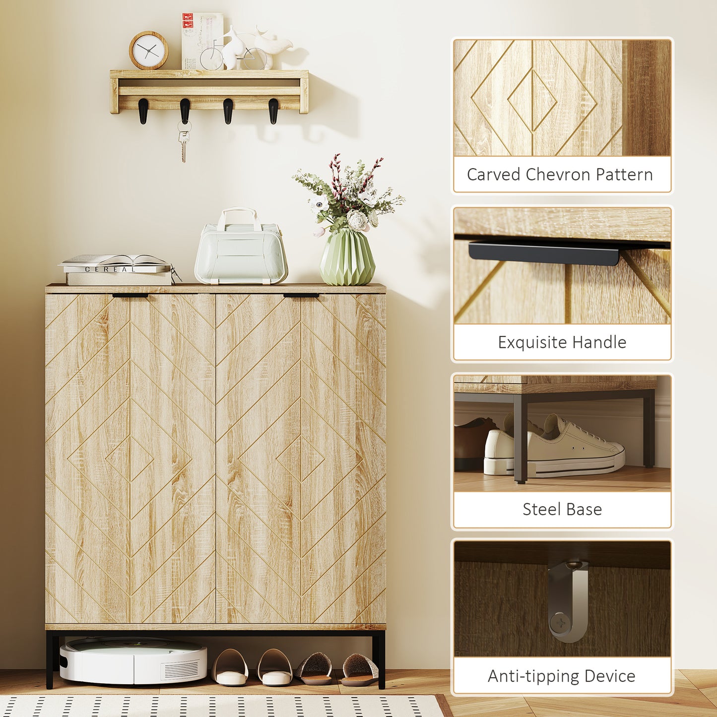 Shoe Storage Cabinet for 15 Pairs, Freestanding Shoe Cabinet with Doors and Adjustable Shelves for Hallway, Oak Kids Crystal