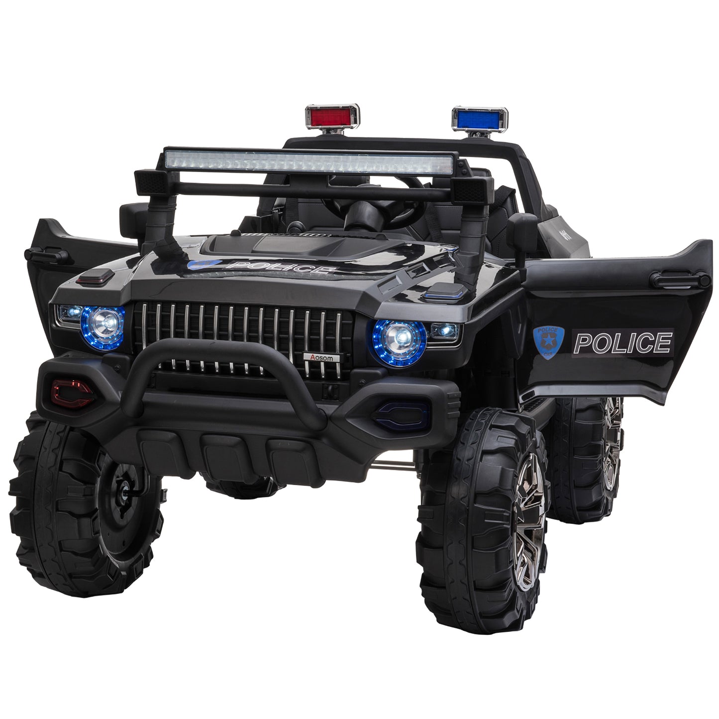 12V Kids Police Truck Ride-On Car RC 2-Seater with LED Lights MP3 Parental Remote Control Black Kids Crystal