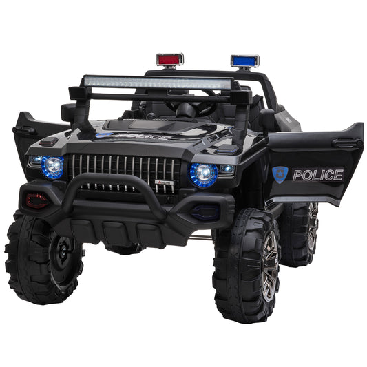 12V Kids Police Truck Ride-On Car RC 2-Seater with LED Lights MP3 Parental Remote Control Black Kids Crystal