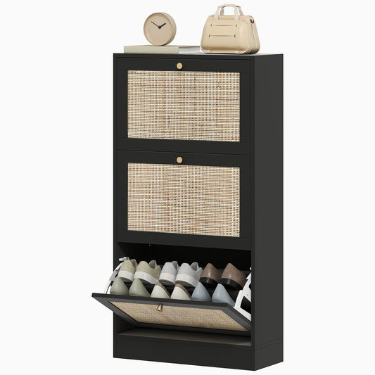 Rattan Shoe Cabinet: 3 Flip Drawers, Adjustable Shelves for 18 Pairs, Entryway/Hallway Organizer Kids Crystal