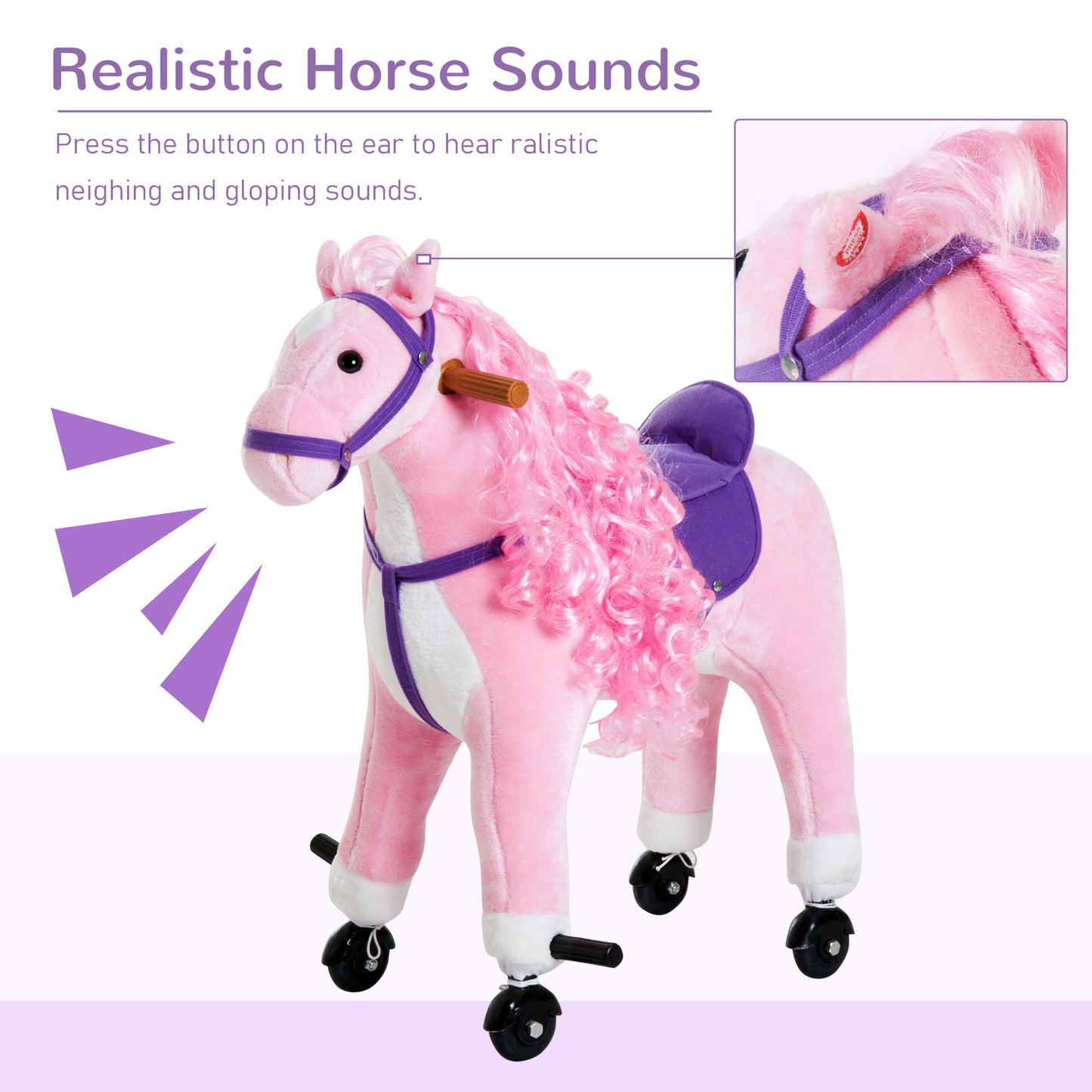 Pink Plush Pony Ride-On Toy for Kids - Rocking Horse with Neigh Sound & Wheels, 110lb Weight Limit Kids Crystal