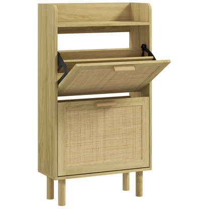 Slim Shoe Storage 2 Flip Drawers Adjustable Shelves Rattan Shoe Organizer 12 Pairs Oak Space Saving