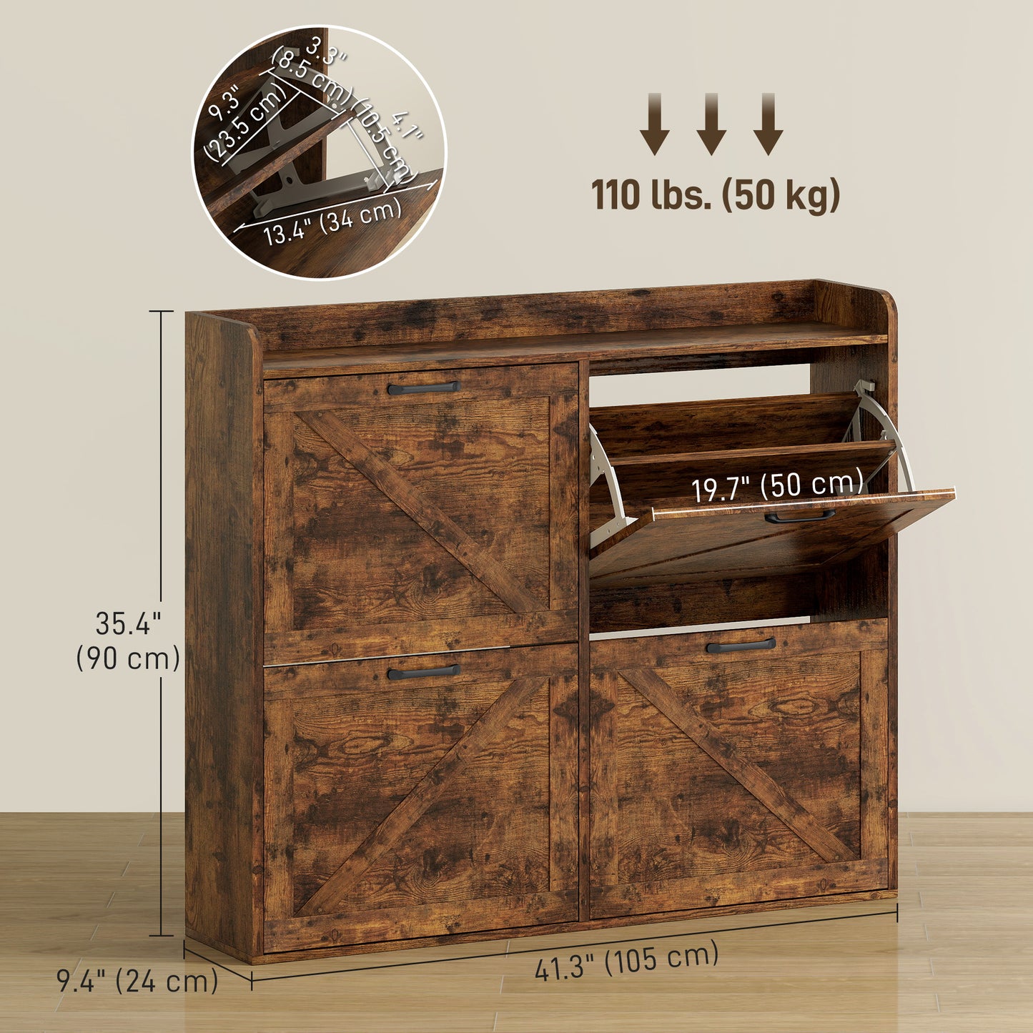 Narrow Shoe Storage Cabinet with 4 Flip Drawers, Adjustable Shelves, 16 Pair Farmhouse Shoe Cabinet, Rustic Brown Kids Crystal