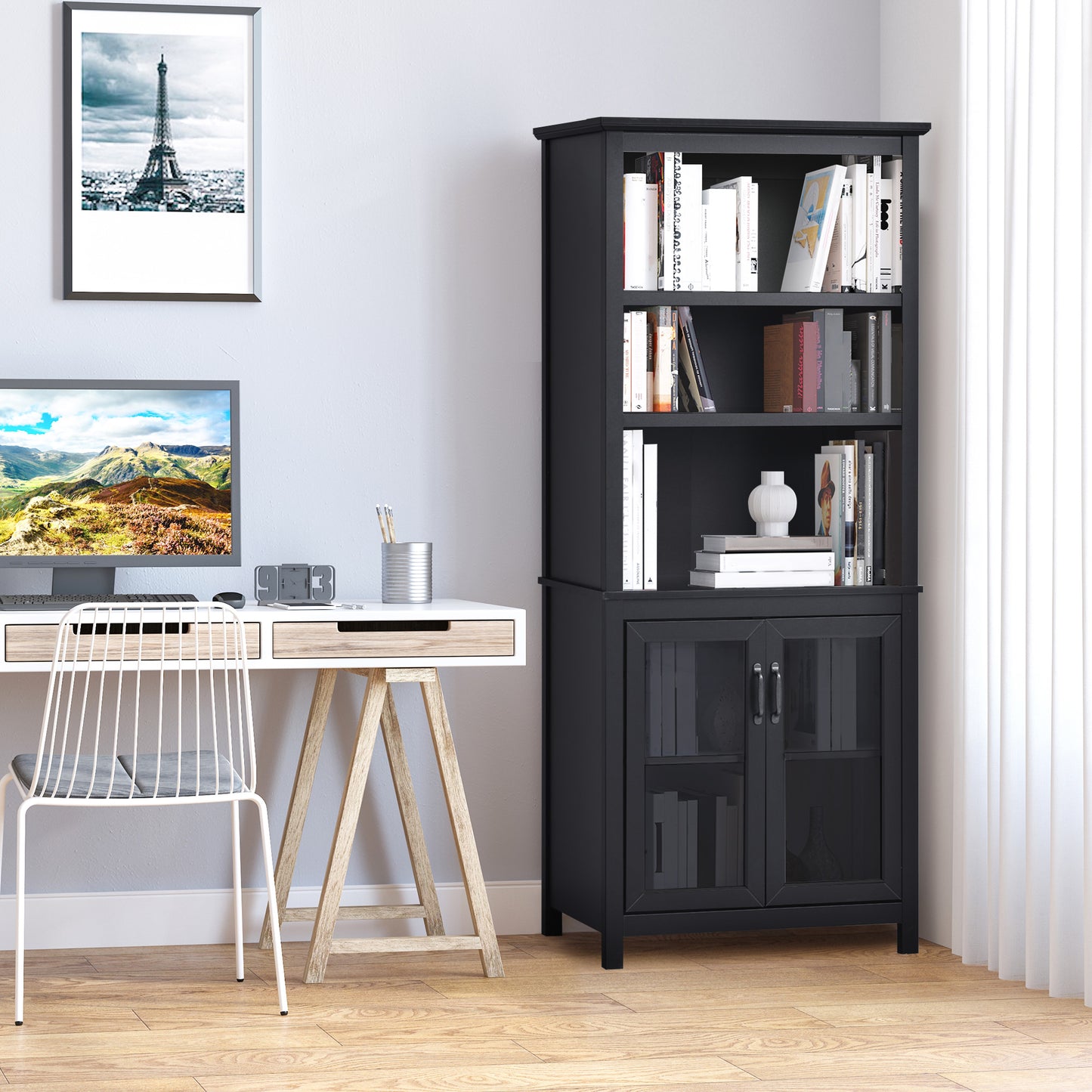 Bookcase Storage Cabinet: Multi Adjustable Shelves for Study Room Organization, Sleek Black Kids Crystal
