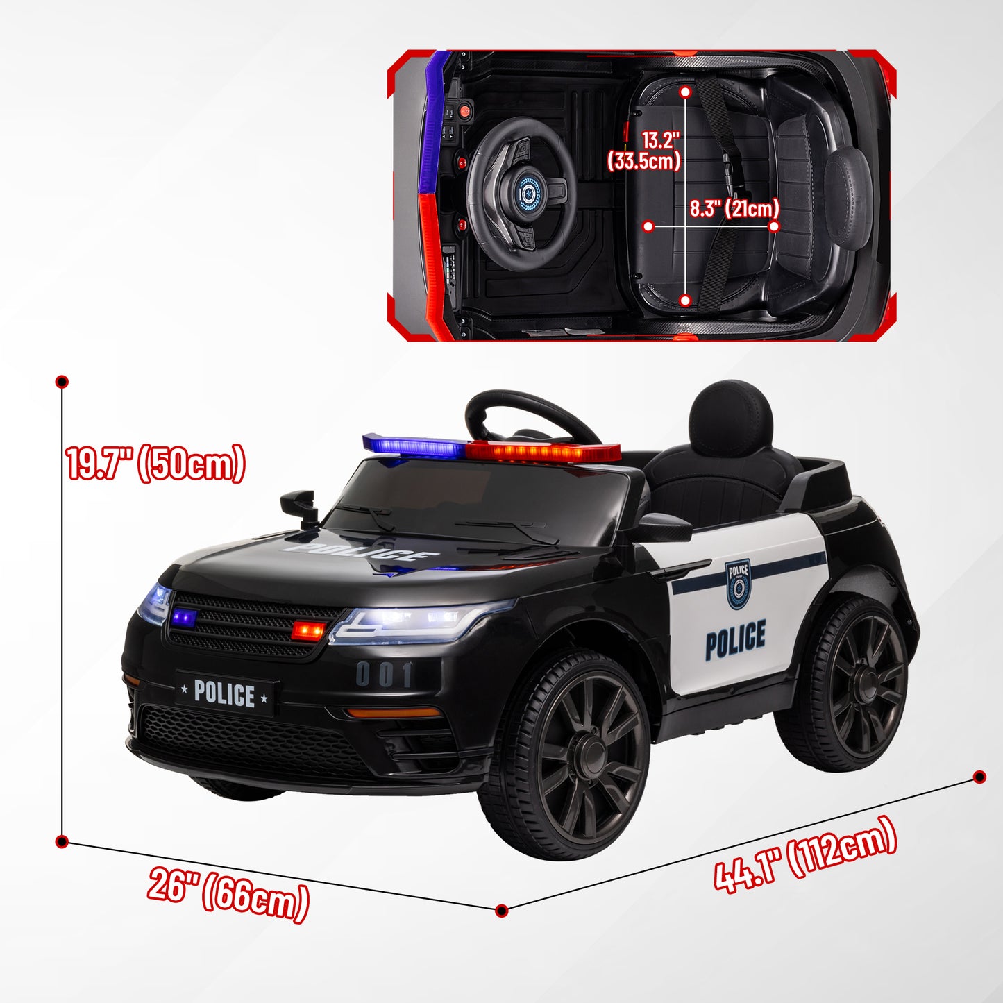 12V Kids Electric Police Car w/ Remote Control, Spring Suspension, Training Wheel, Siren, Music, Light, Horn, Black Kids Crystal