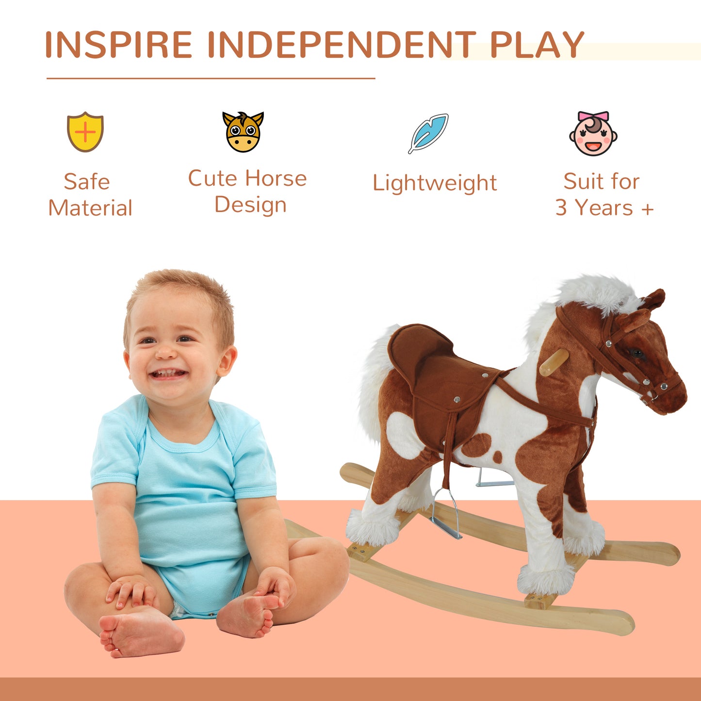 Kids Metal Plush Ride-On Rocking Horse Chair Toy w/ Nursery Rhyme Music - Light Brown / White Kids Crystal