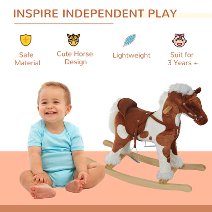 Kids Metal Plush Ride-On Rocking Horse Chair Toy w/ Nursery Rhyme Music - Light Brown / White