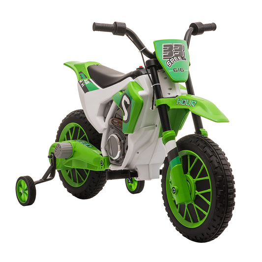 Kids Dirt Bike Battery-Powered Ride-On Electric Motorcycle with Charging 12V Battery, Training Wheels Green Kids Crystal