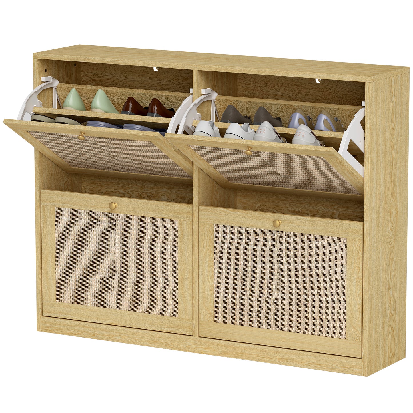 Narrow Shoe Storage Cabinet, Rattan Shoe Cabinet with 4 Flip Drawers and Adjustable Shelves for 20 Pairs, Oak Kids Crystal