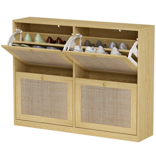 Narrow Shoe Storage Cabinet, Rattan Shoe Cabinet with 4 Flip Drawers and Adjustable Shelves for 20 Pairs, Oak Kids Crystal