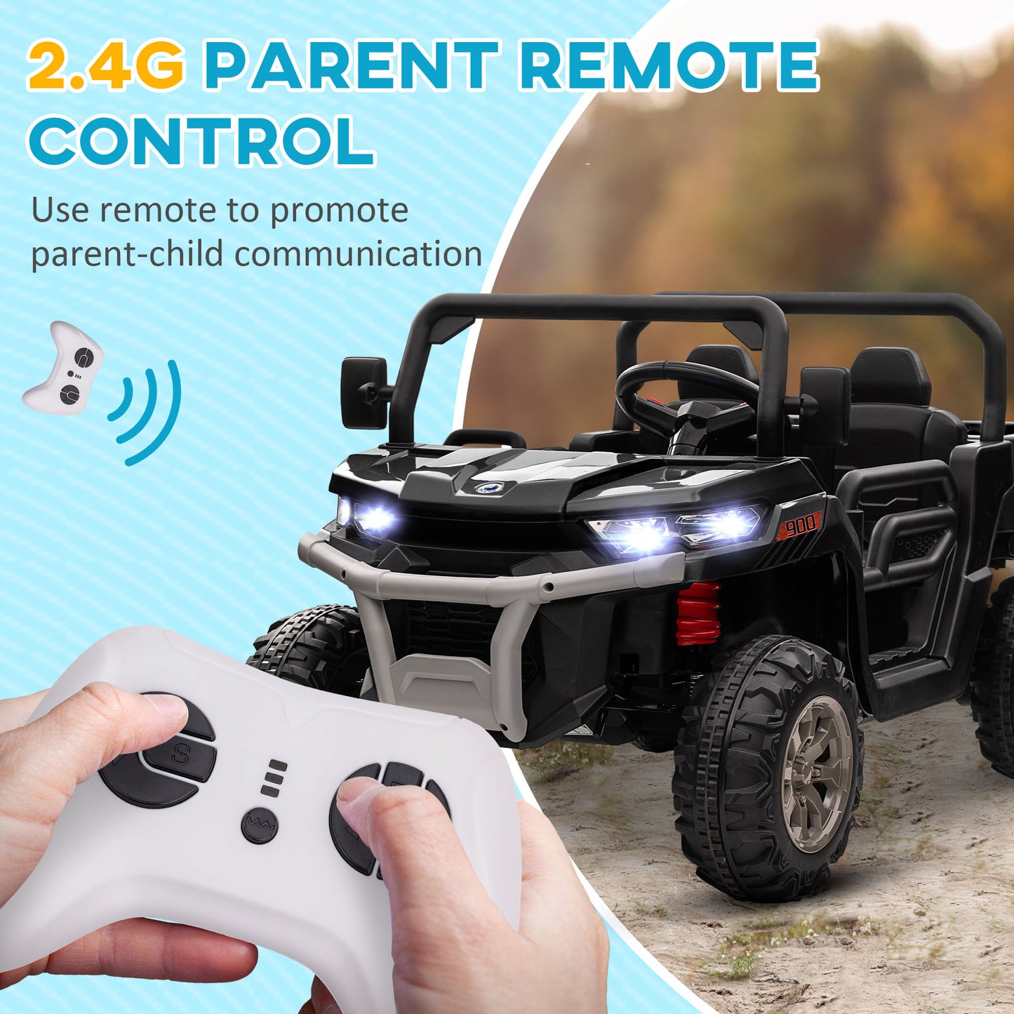 Kids Ride On Car 12V Battery Powered 2 Seater Truck with Remote Control Music Lights Spring Suspension Black Kids Crystal