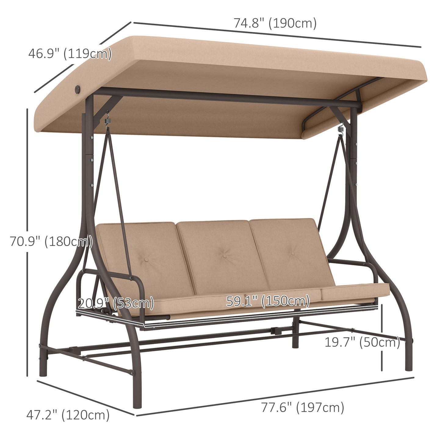 Convertible Patio Swing Bed with Canopy and Cushions, 3 Seater Porch Swing for Outdoor, Backyard, Garden, Khaki Kids Crystal