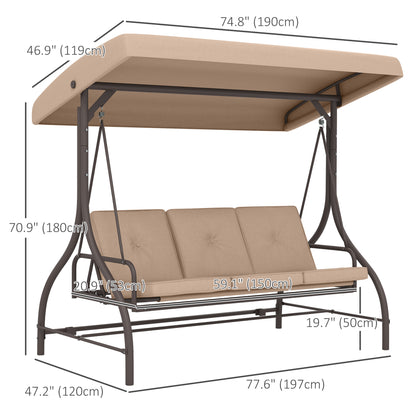 Convertible Patio Swing Bed with Canopy and Cushions, 3 Seater Porch Swing for Outdoor, Backyard, Garden, Khaki