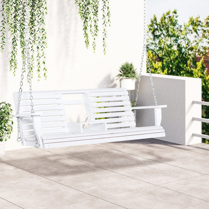 2 to 3 Seater Porch Swing Wood Patio Swing Chair Swing Bench with Foldable Table, Cup Holders, Steel Chains Garden, Patio