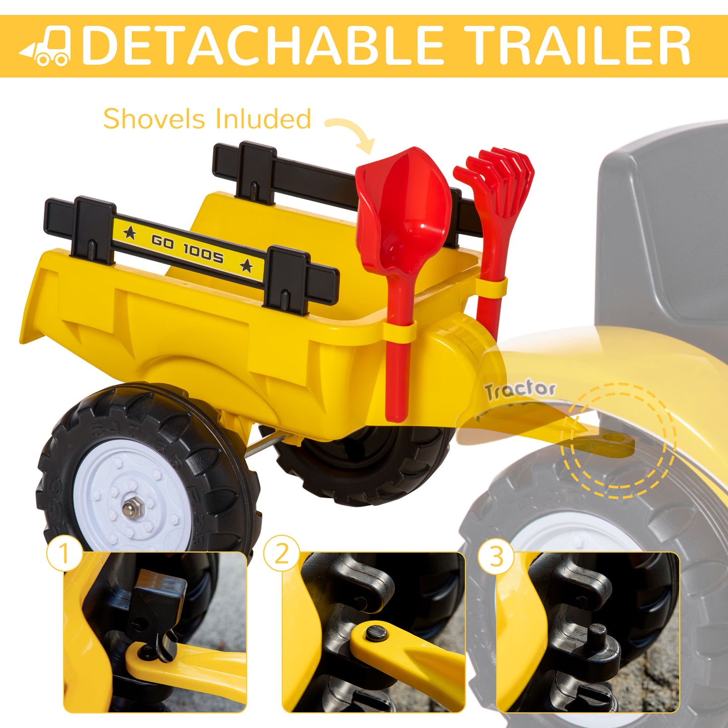 Yellow Pedal Ride On Dump Truck Front Loader Kids Ride-On Construction Tractor with Trailer Kids Crystal