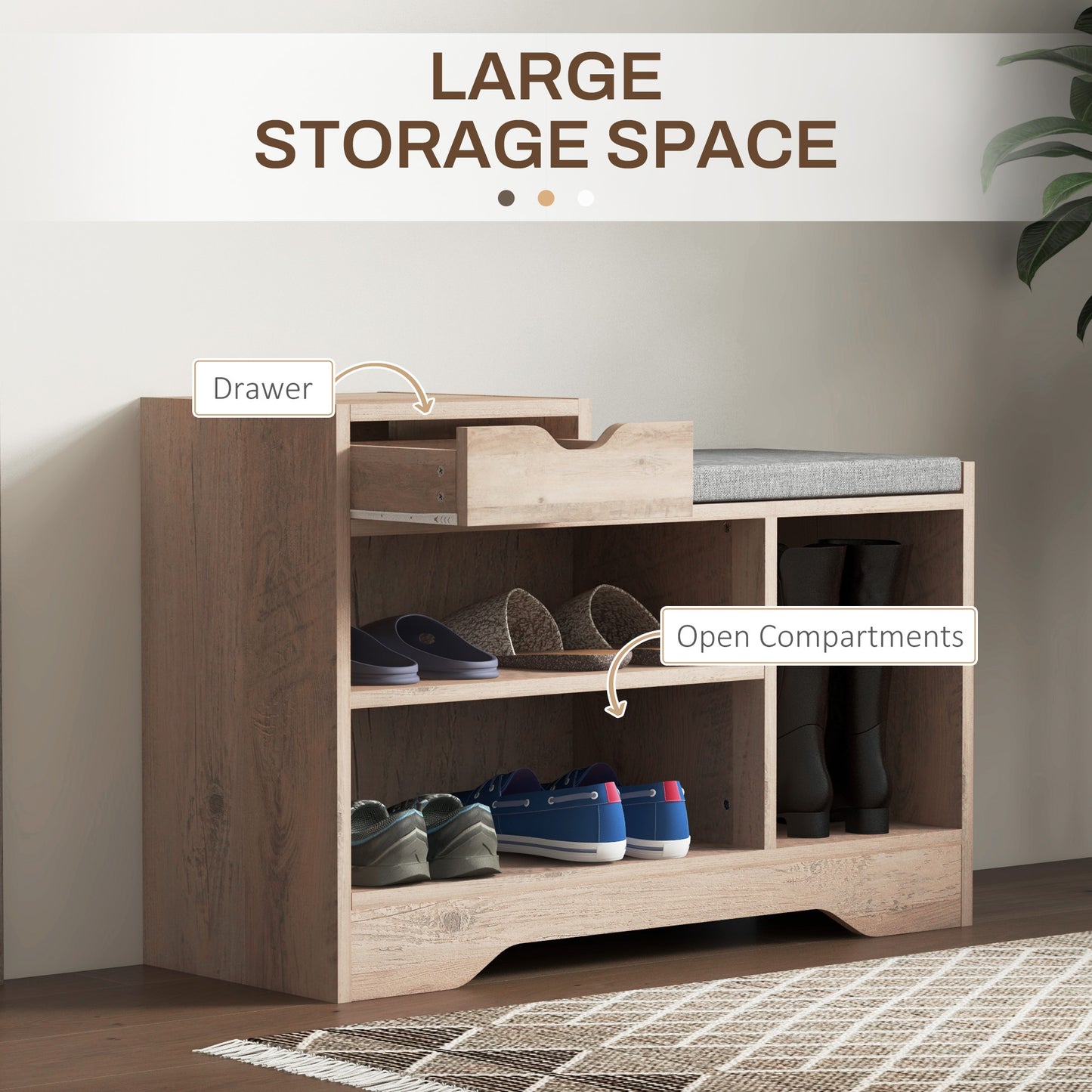 Upholstered Shoe Storage Bench, Hallway Shoe Storage with Seat, Drawer, 3 Open Shelves for Entryway, Grey Kids Crystal