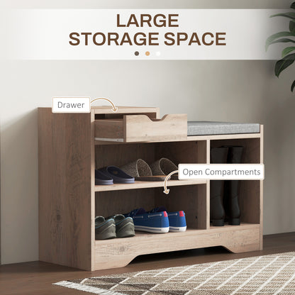 Upholstered Shoe Storage Bench, Hallway Shoe Storage with Seat, Drawer, 3 Open Shelves for Entryway, Grey
