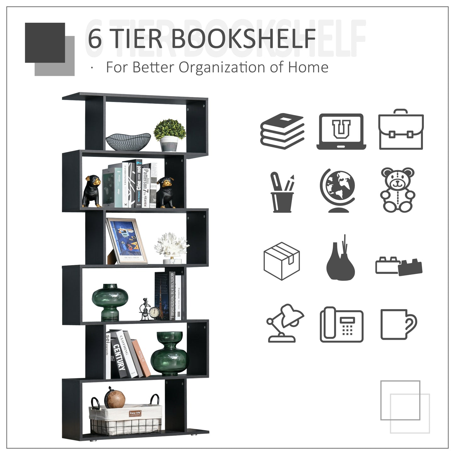 6-Tier S-Shape Wooden Bookcase: Storage Display Unit for Home Office Furniture, Black Kids Crystal