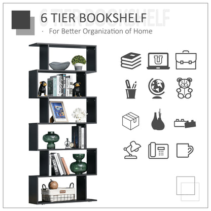 6-Tier S-Shape Wooden Bookcase: Storage Display Unit for Home Office Furniture, Black