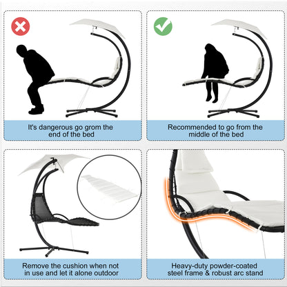 Cream White Floating Chaise Lounge: Outdoor Hanging Hammock Swing Chair with Arc Stand & Canopy for Patio, Porch