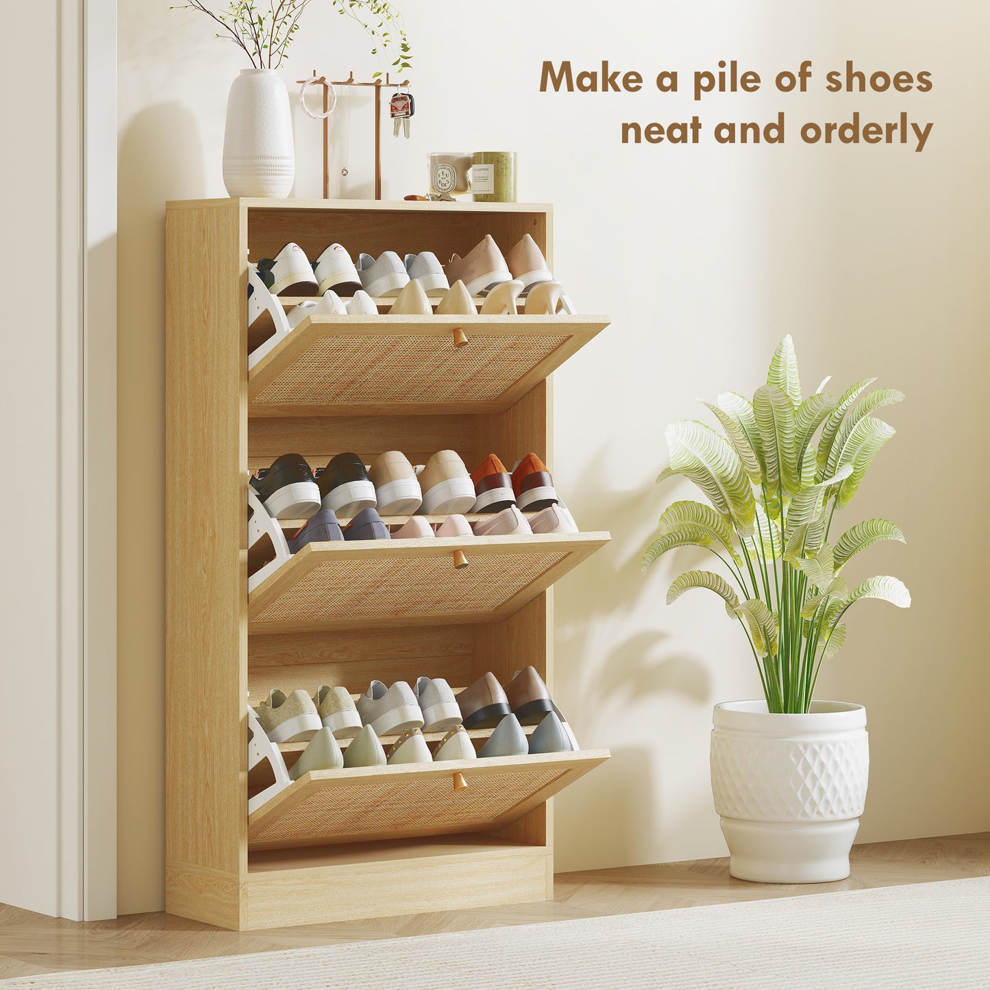 Rattan Shoe Storage Cabinet with 3 Flip Drawers and Adjustable Shelves, Entryway Shoe Cabinet for 18 Pairs, Oak Kids Crystal