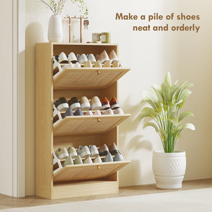 Rattan Shoe Storage Cabinet with 3 Flip Drawers and Adjustable Shelves, Entryway Shoe Cabinet for 18 Pairs, Oak