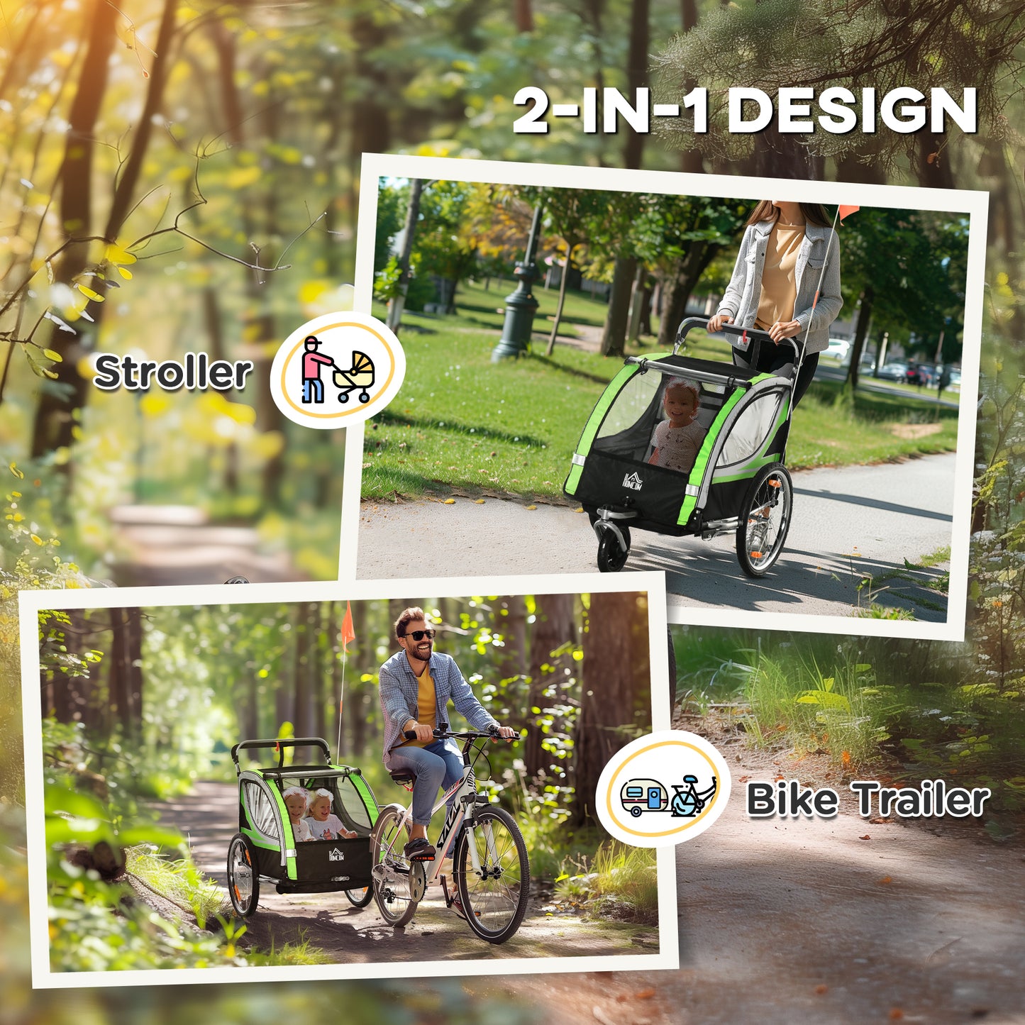 Convertible 2-in-1 Child Bike Trailer & Stroller Safety Features Storage Basket Green Color Outdoor Kids Crystal