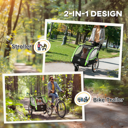 Convertible 2-in-1 Child Bike Trailer & Stroller Safety Features Storage Basket Green Color Outdoor