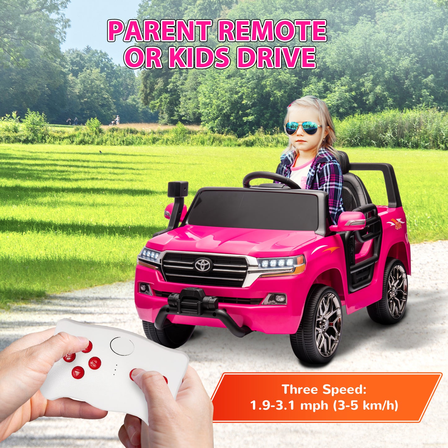 12V Toyota LAND CRUISER Licensed Kids Car w/ Remote Control, Four Wheel Spring Suspension, Soft Start, LED Light, Pink Kids Crystal