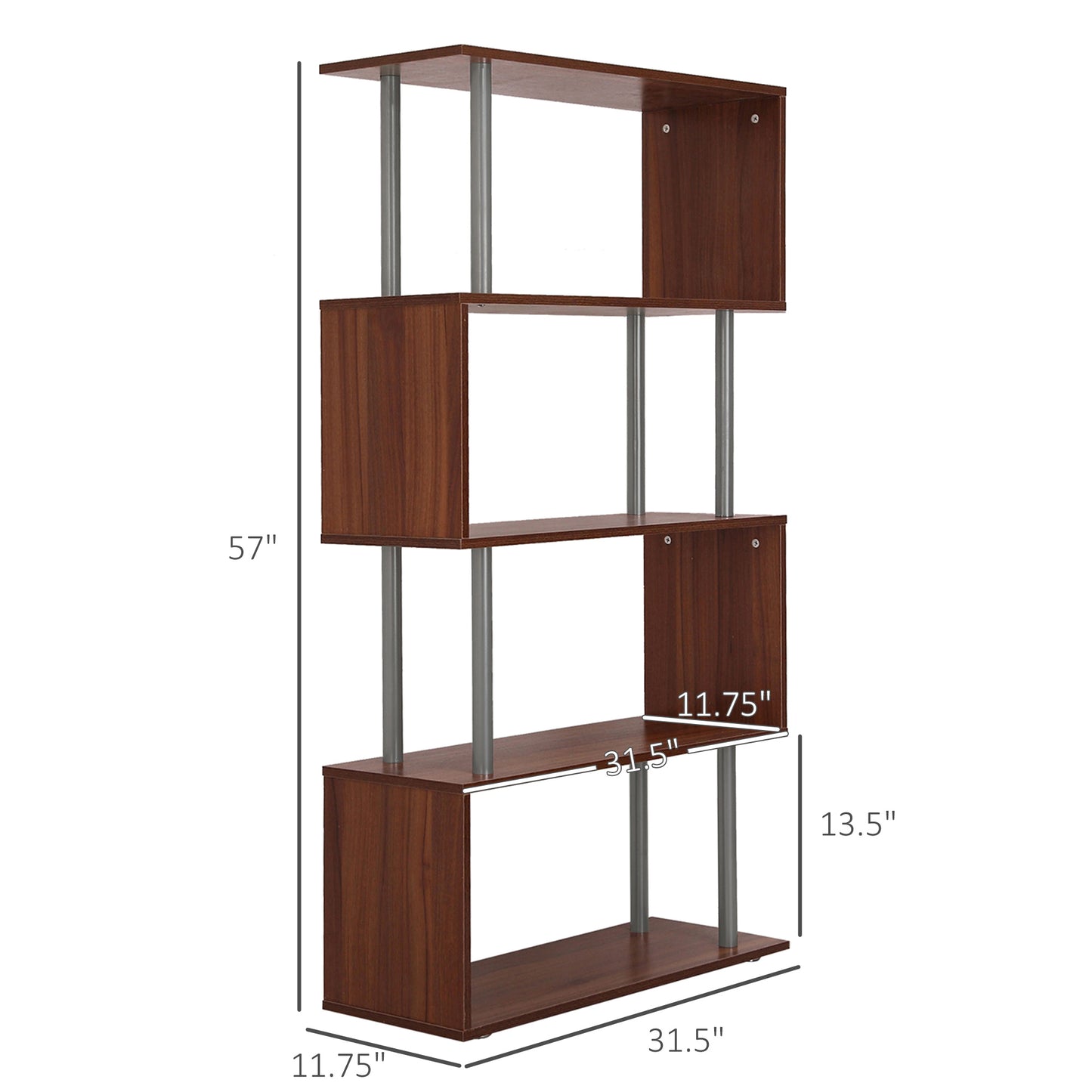 5-Tier Z-Shape Bookcase: Wooden Shelves with Metal Frame for Living Room, Bedroom, Office, Walnut Kids Crystal