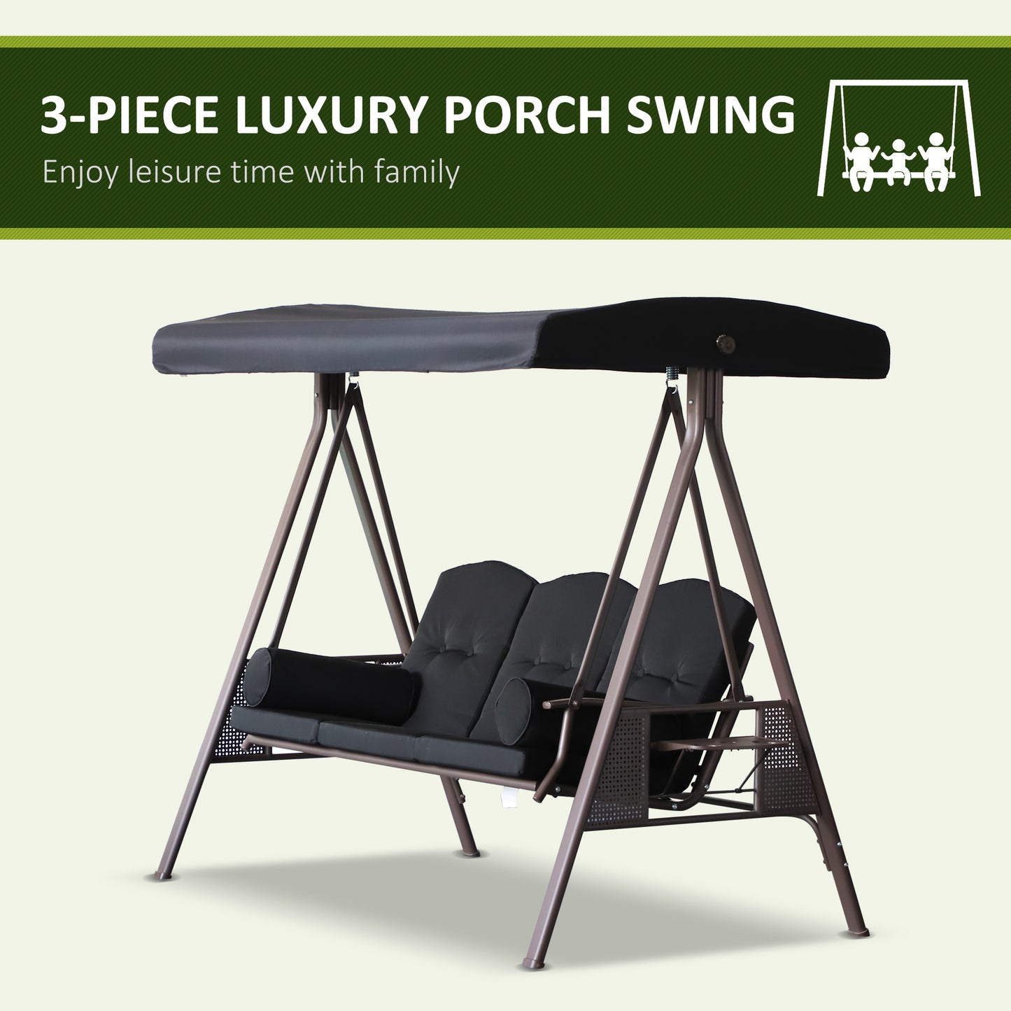 3-Person Porch Swing Chair Heavy Duty Outdoor Lounge Hammock with Cushioned Seat and Tilt Canopy Black Kids Crystal