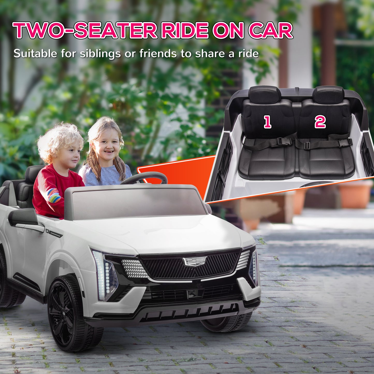 2-Seater Ride on Truck, 12V Cadillac Escalade Licensed Kids Electric Car with Remote , Spring Suspension, White Kids Crystal