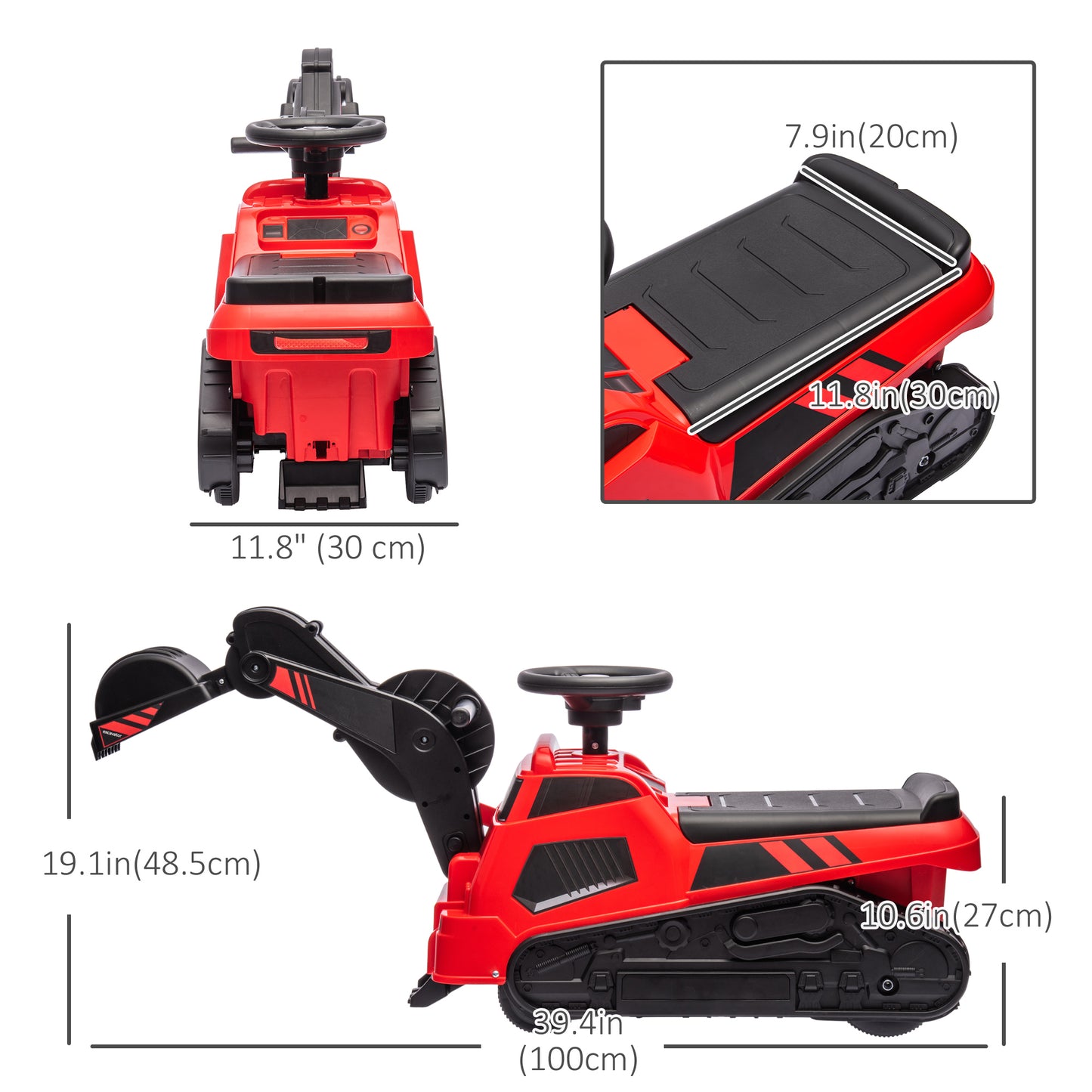 3-in-1 Ride On Red Excavator Bulldozer Road Roller with Music Kids Construction Toy Vehicle Kids Crystal