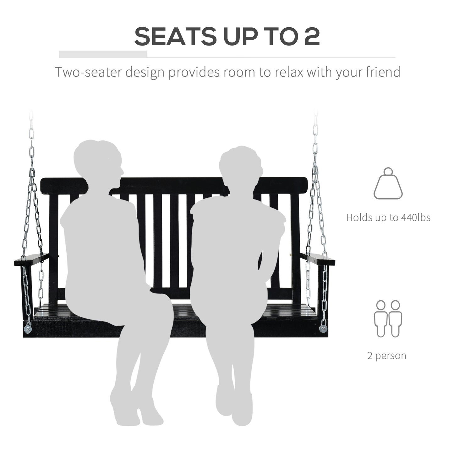 2-Seater Patio Swing Chair, Fir Wooden Porch Swing with Slatted Design, Hanging Chains for Outdoor, Garden, Black Kids Crystal