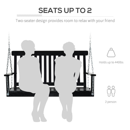 2-Seater Patio Swing Chair, Fir Wooden Porch Swing with Slatted Design, Hanging Chains for Outdoor, Garden, Black