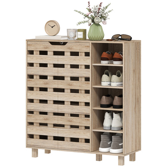 Shoe Cabinet, 21 Pair Shoe Storage Cabinet Organizer with 5-tier Double Door Cabinet and 5-tier Open Shelves, Beige Kids Crystal