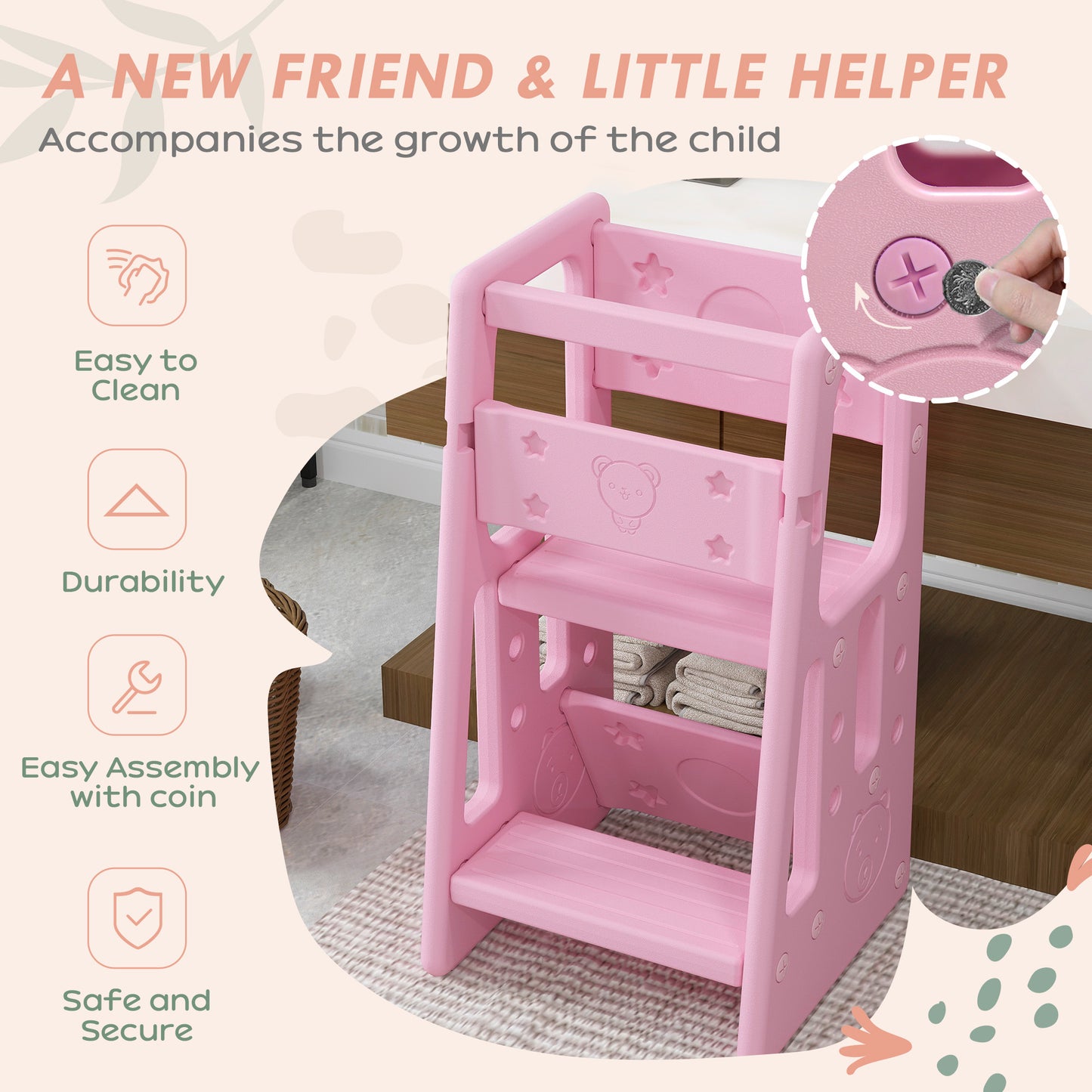 Toddler Kitchen Helper 2 Step Stool with Adjustable Height Platform and Safety Rail, Pink