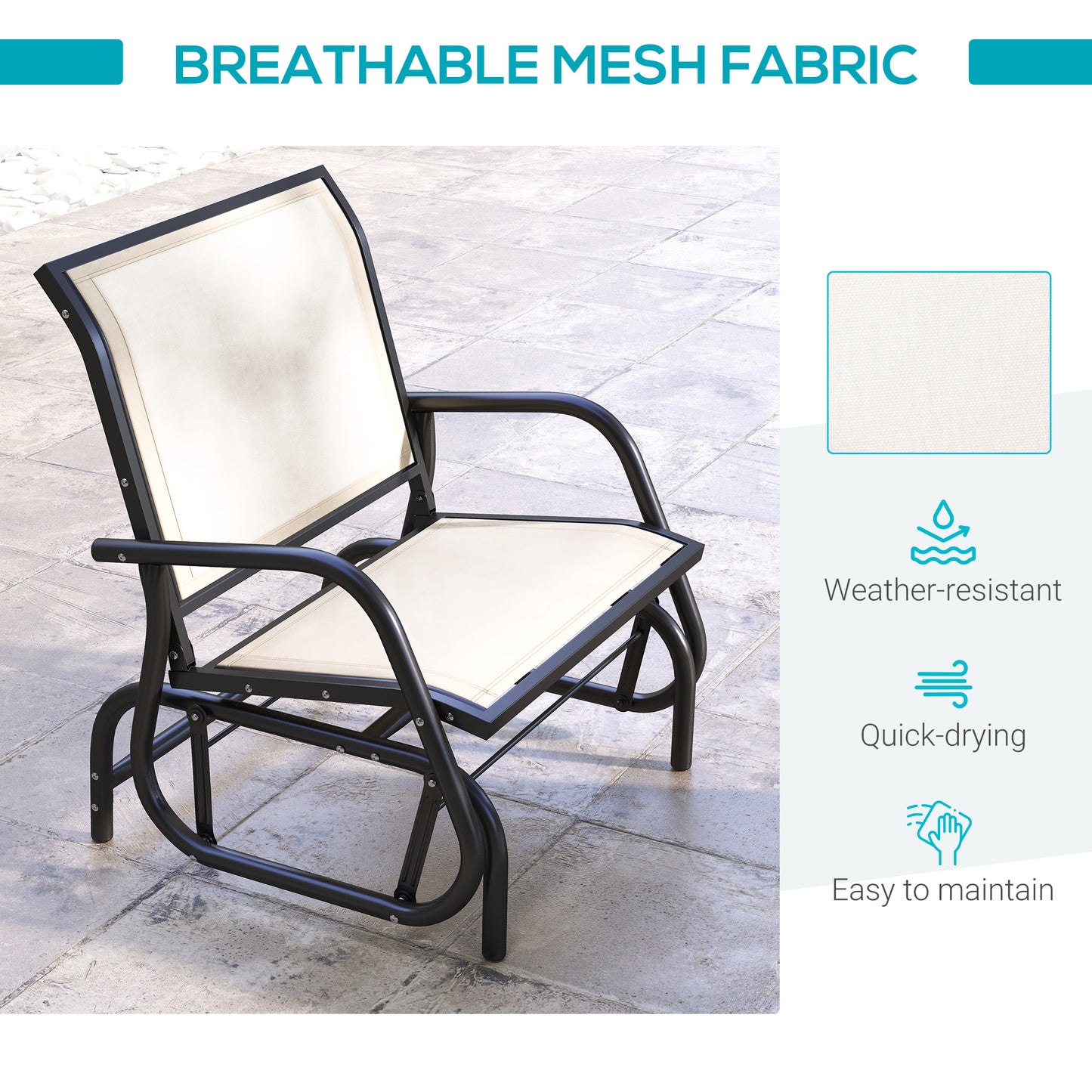 Patio Glider with Breathable Mesh Fabric Seat & Backrest, Metal Frame Outdoor Glider Swing Chair with Armrests, Cream Kids Crystal
