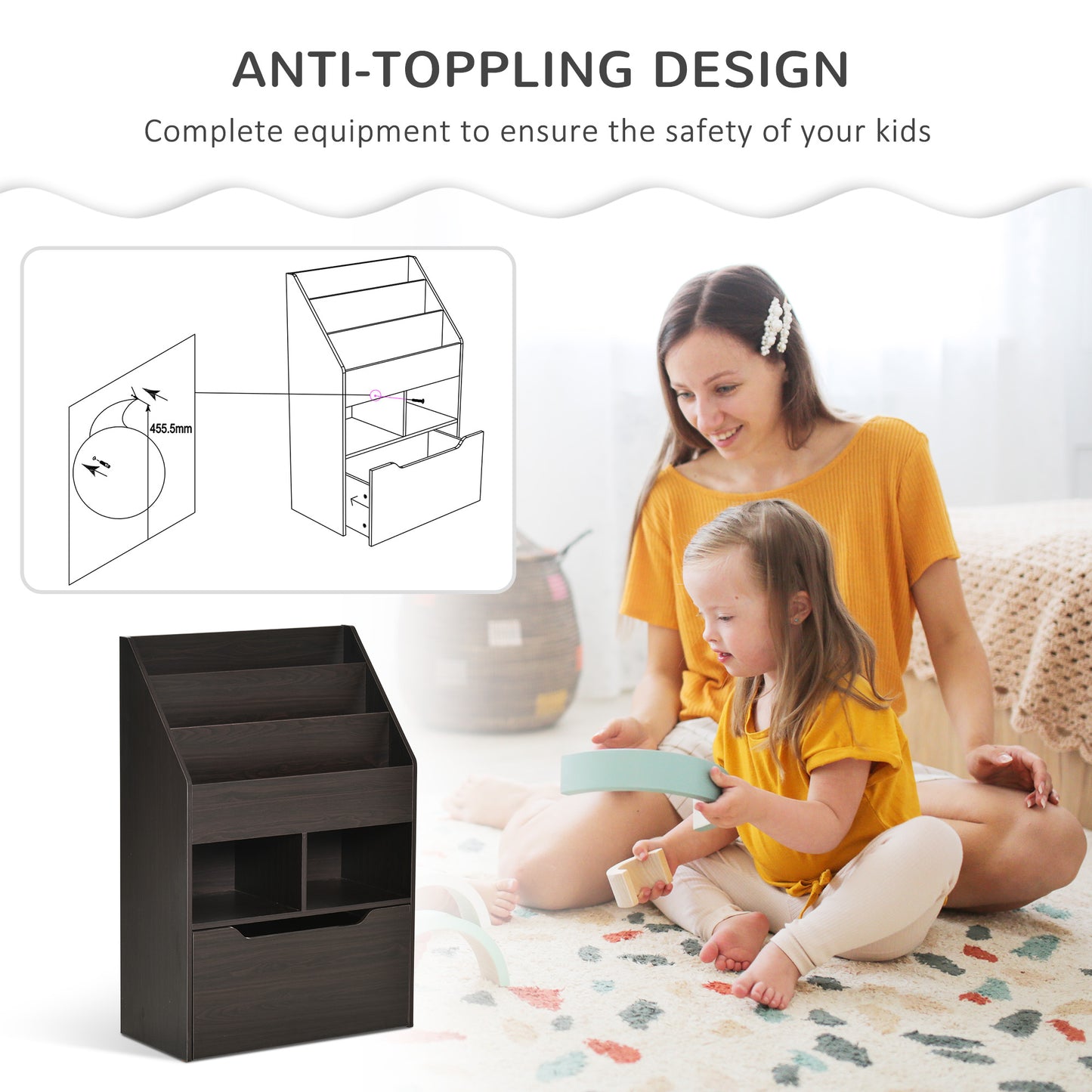 Kids Bookcase Multi Shelf Rack Organizer Storage Drawer Reading Nook Classroom Bedroom Playroom Brown Kids Crystal