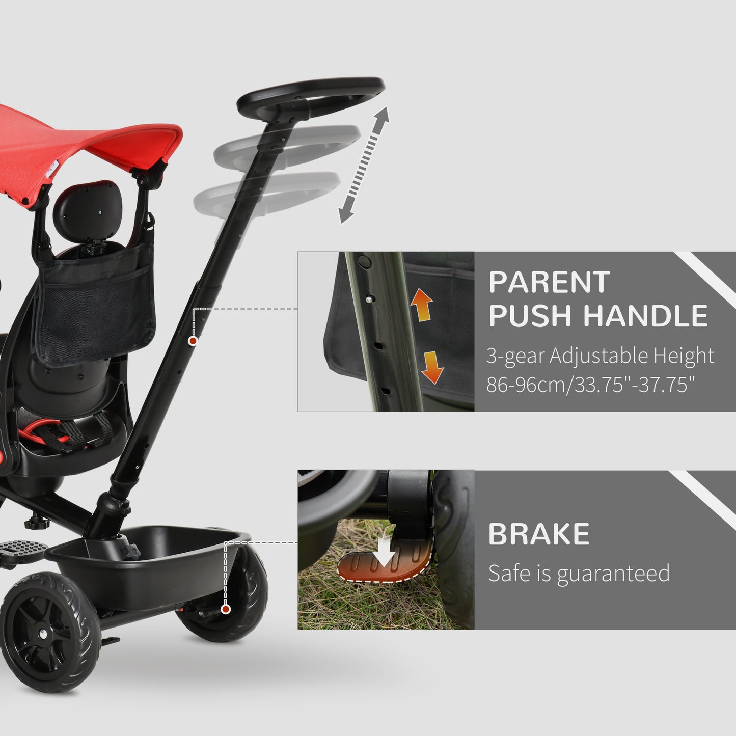 Stroller Trike: Baby Tricycle 4 In 1, Reversible Seat, Adjustable Removable Canopy, Handrail Belt, Red Kids Crystal