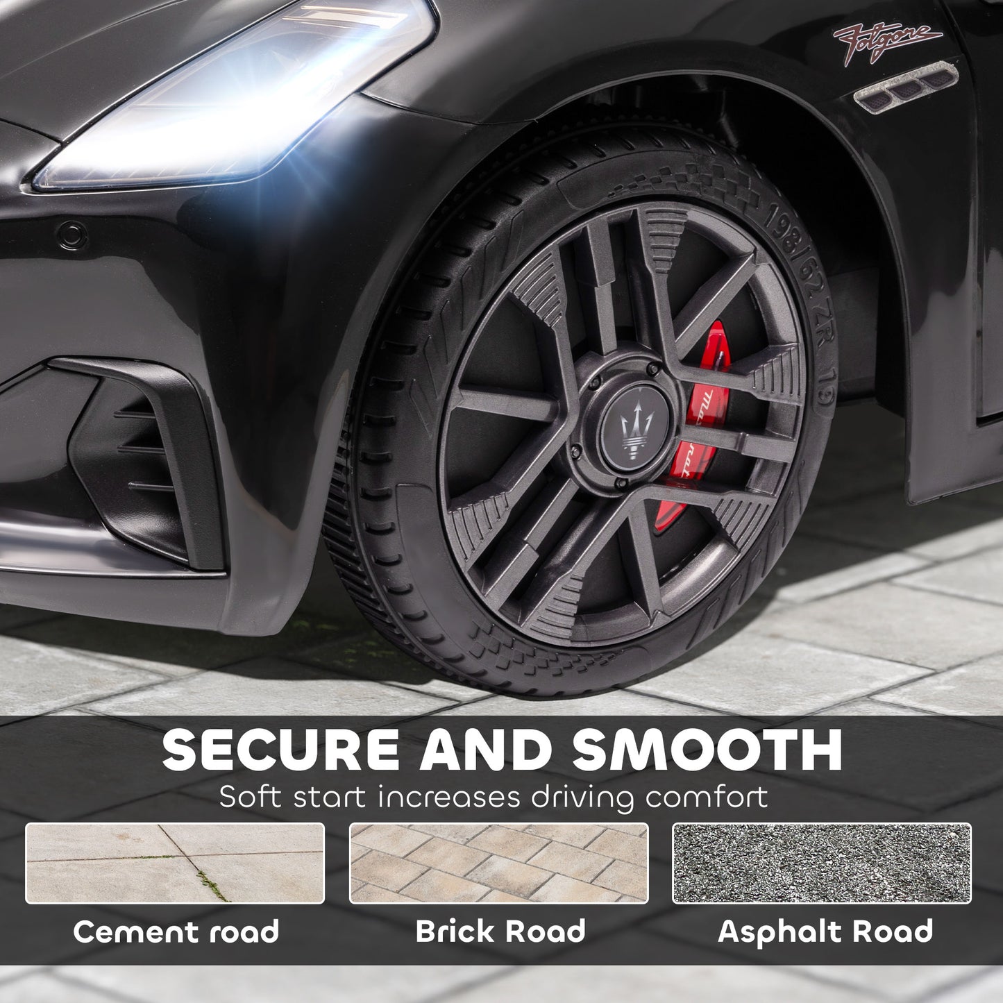 12V Maserati Gran Turismo Licensed Kids Electric Car w/ Remote Control, Soft Start, LED Lights, Music, Horn, MP3, Black Kids Crystal