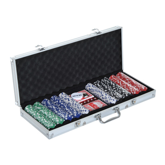 Premium Poker Chips Set with Durable Silver Aluminum Case 500 Striped Dice 2 Card Decks for Casino Night Kids Crystal