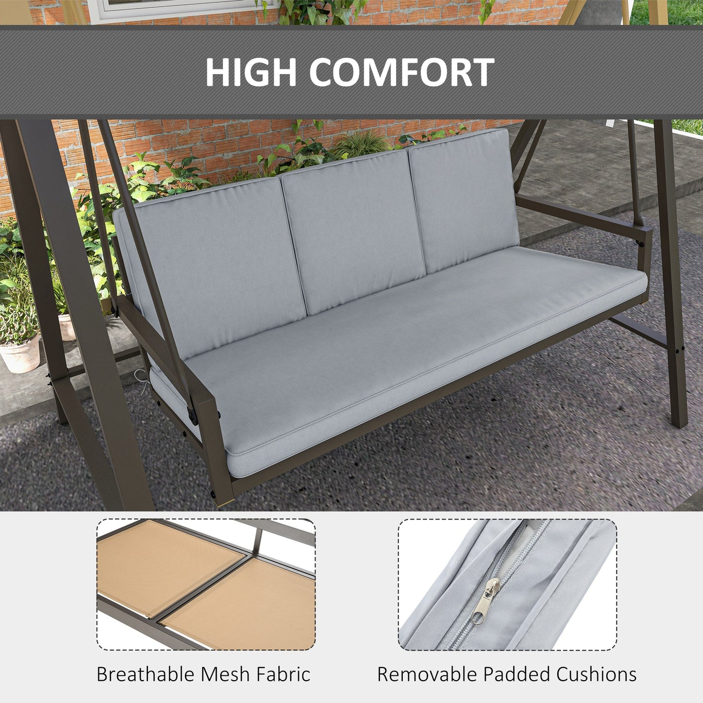 3 Seater Patio Swing Chair, Porch Swing with Adjustable Canopy and Removable Cushions, Outdoor Swing Seat, Light Grey Kids Crystal